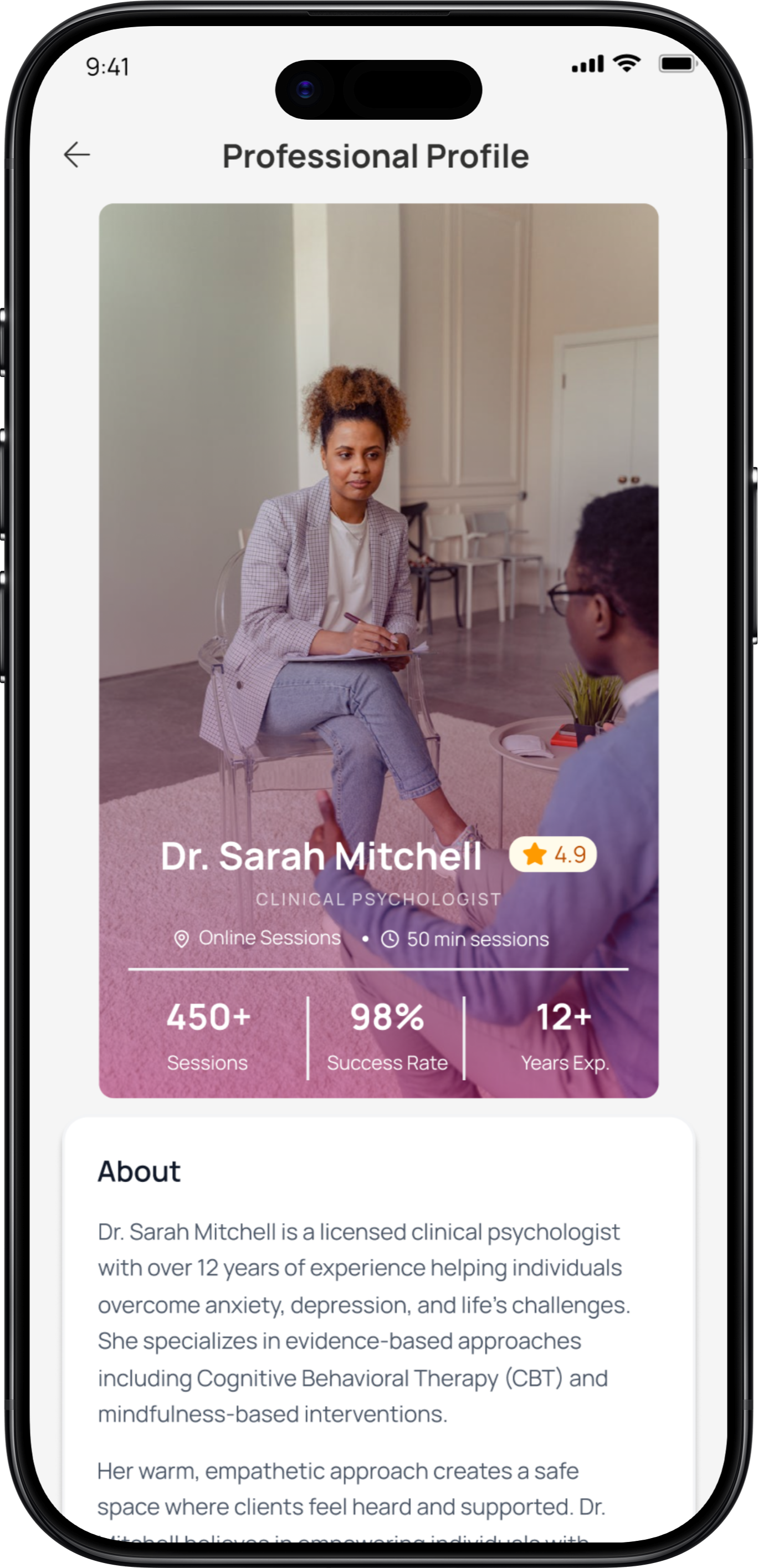 Professional profile screen